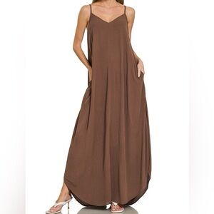 NWT Zenana Brown Woven Crinkle Cami Style Maxi Dress with Pockets